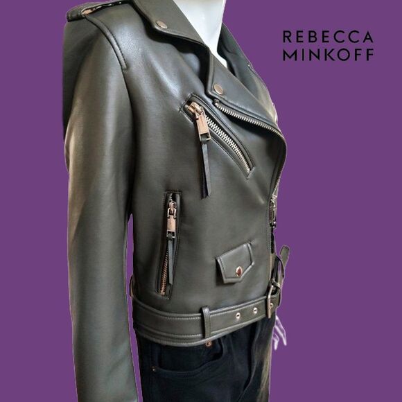 REBECCA MINKOFF NEW OLIVE Faux Leather Belted Waist Moto Jacket M - Picture 4 of 12